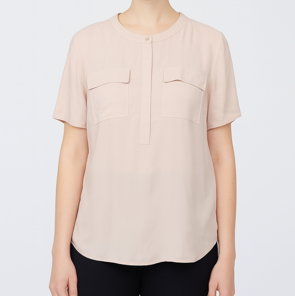 Theory Women’s Large Light Pink T-shirt blouse Chest‎ Pockets Quarter Button Up